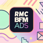Logo RMC BFM Ads avec visualisation data et ondes audio représentant la transformation digitale de la radio