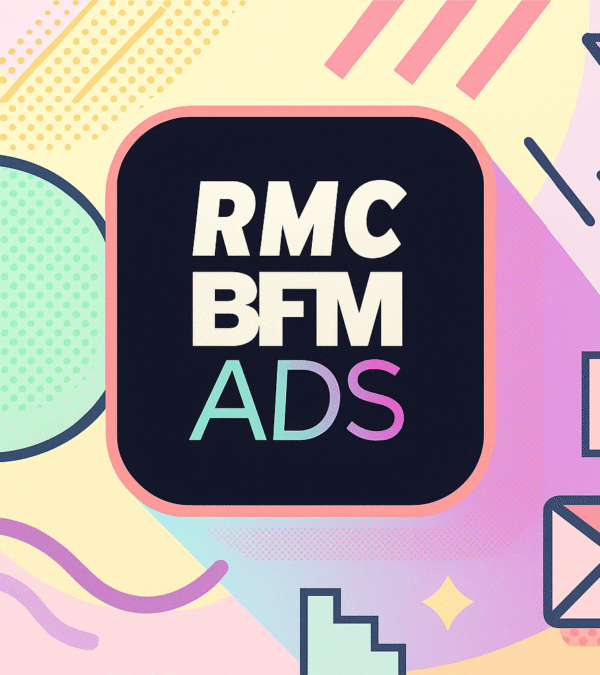 Logo RMC BFM Ads avec visualisation data et ondes audio représentant la transformation digitale de la radio