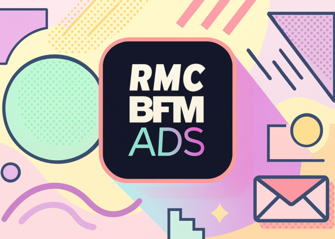 Logo RMC BFM Ads avec visualisation data et ondes audio représentant la transformation digitale de la radio