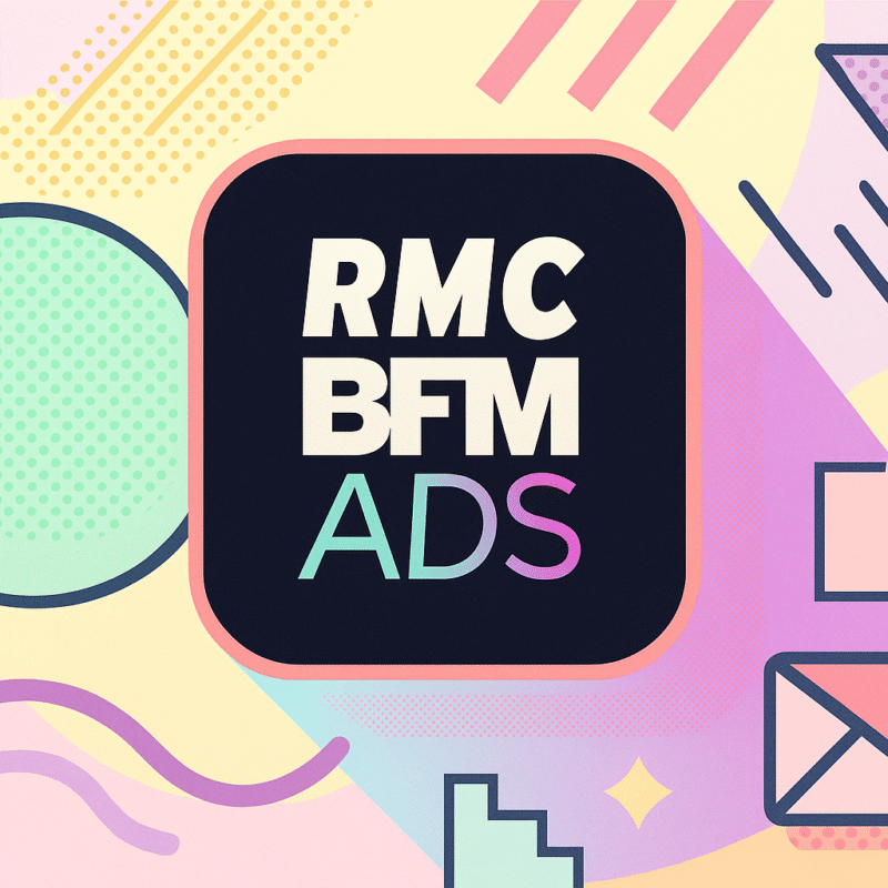 Logo RMC BFM Ads avec visualisation data et ondes audio représentant la transformation digitale de la radio