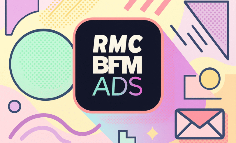 Logo RMC BFM Ads avec visualisation data et ondes audio représentant la transformation digitale de la radio