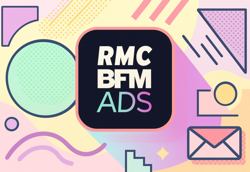 Logo RMC BFM Ads avec visualisation data et ondes audio représentant la transformation digitale de la radio