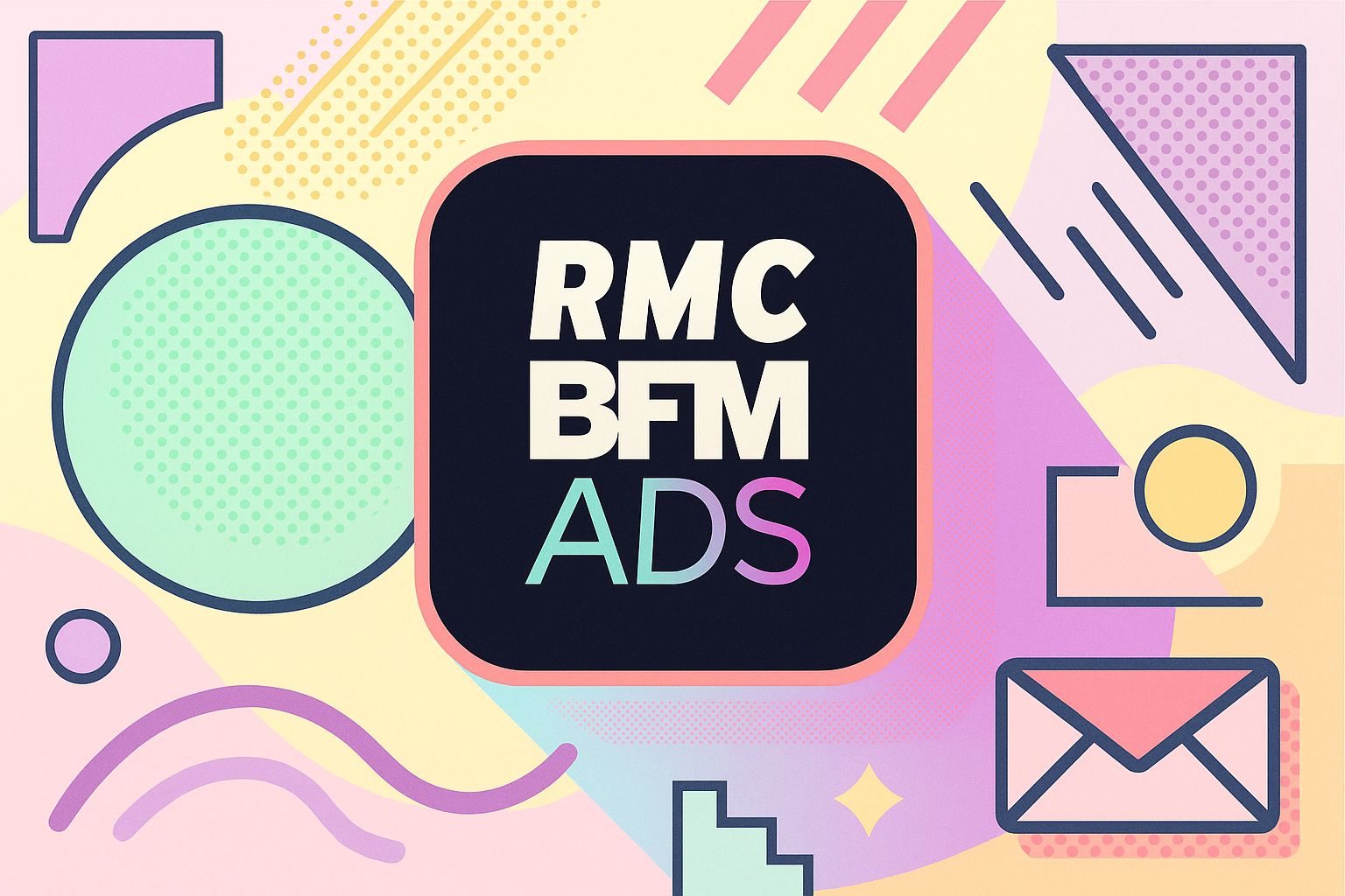 Logo RMC BFM Ads avec visualisation data et ondes audio représentant la transformation digitale de la radio