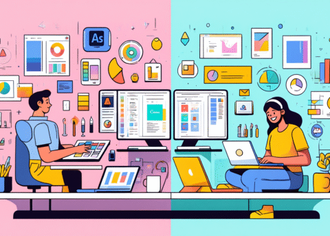 Comparaison visuelle entre l'interface Adobe Creative Cloud et Canva pour le design graphique