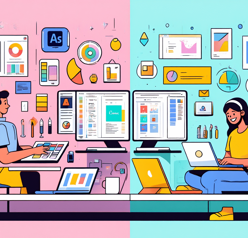 Comparaison visuelle entre l'interface Adobe Creative Cloud et Canva pour le design graphique