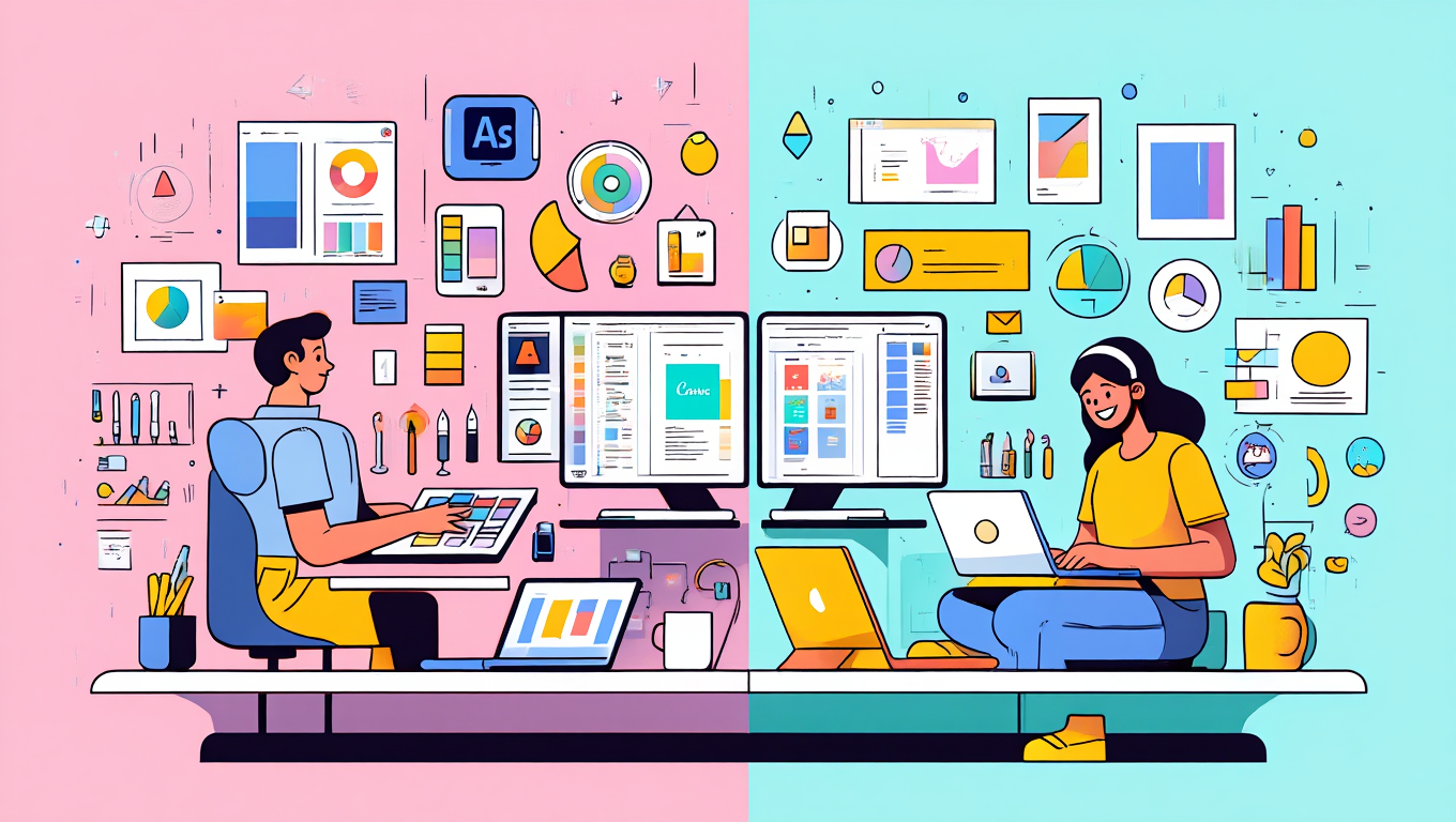 Comparaison visuelle entre l'interface Adobe Creative Cloud et Canva pour le design graphique