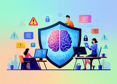 Illustration conceptuelle de la sécurité des LLM avec bouclier protégeant un grand modèle de langage contre cyberattaques
