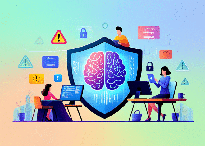 Illustration conceptuelle de la sécurité des LLM avec bouclier protégeant un grand modèle de langage contre cyberattaques