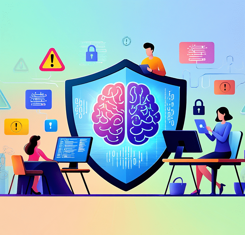 Illustration conceptuelle de la sécurité des LLM avec bouclier protégeant un grand modèle de langage contre cyberattaques