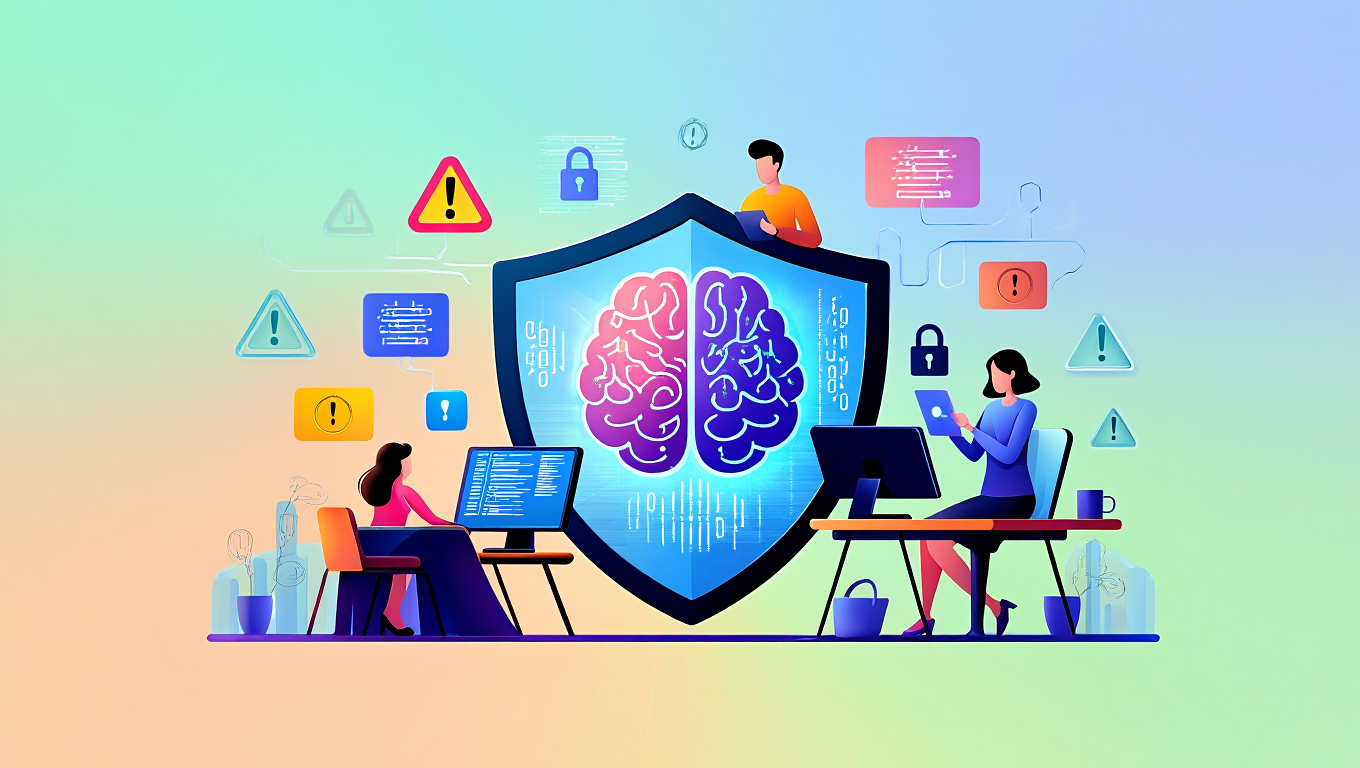 Illustration conceptuelle de la sécurité des LLM avec bouclier protégeant un grand modèle de langage contre cyberattaques